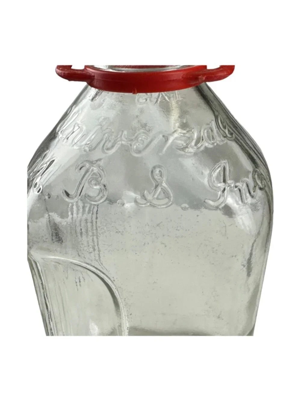Vintage Glass Milk Bottle With Red Handle - Embossed Script Design - 10 Inches T